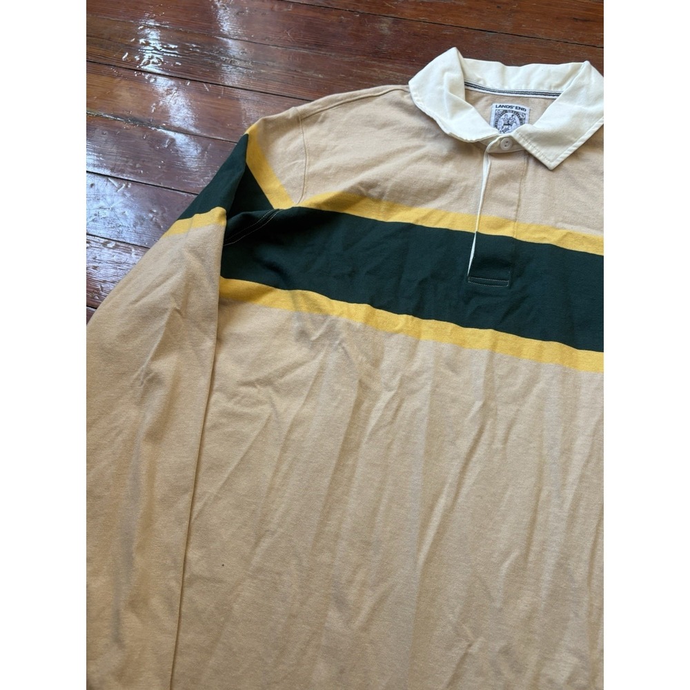 Lands End Rugby Shirt 2XL Tall 50-52 Cotton Beige Green Yellow Heavy Long Sleeve - Picture 4 of 9